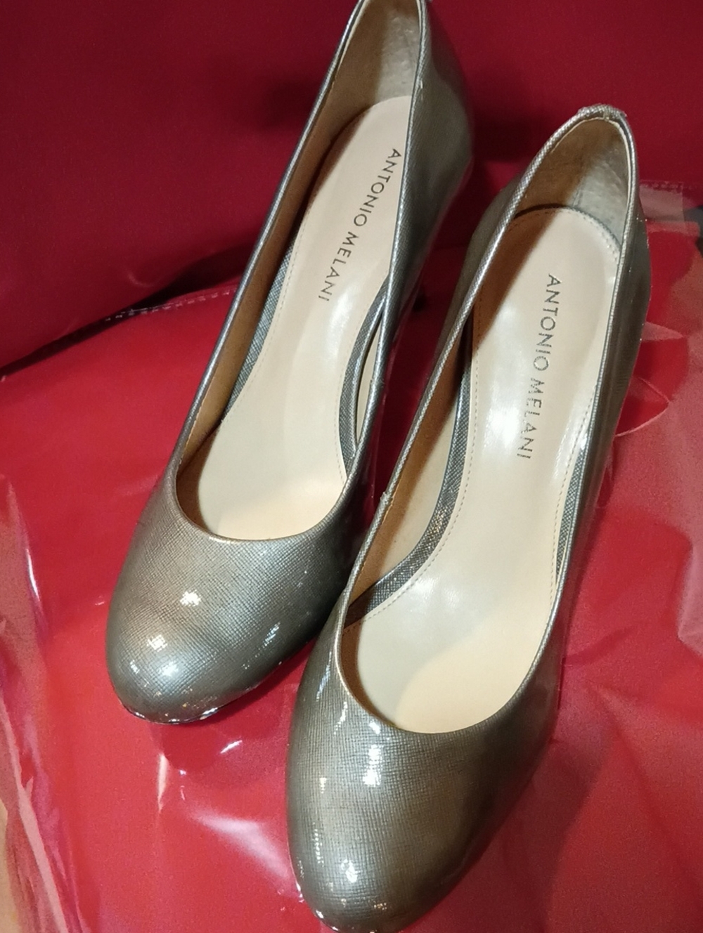 ANTONIO MELANI Metallic Grey Round-Toe Pumps